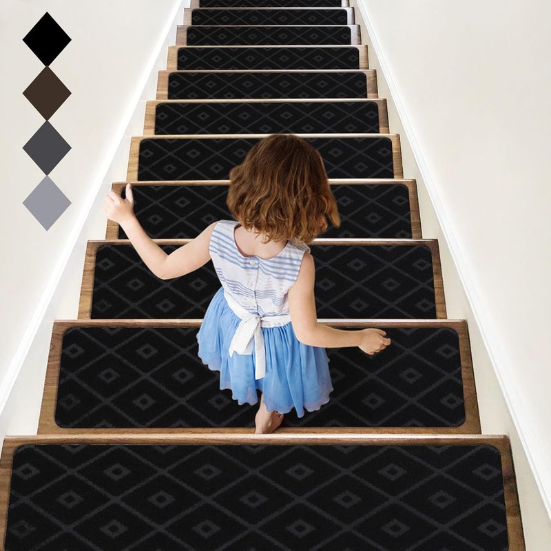 RIOLAND Non-Slip Carpet Stair Treads for Wooden Steps, 15 Pack Indoor Stair Runner with Reusable Adhesive Modern Anti Moving Safety Stair Rugs for Kids Dogs & Elders, 8" X 30", Rhombus Black - Image 1